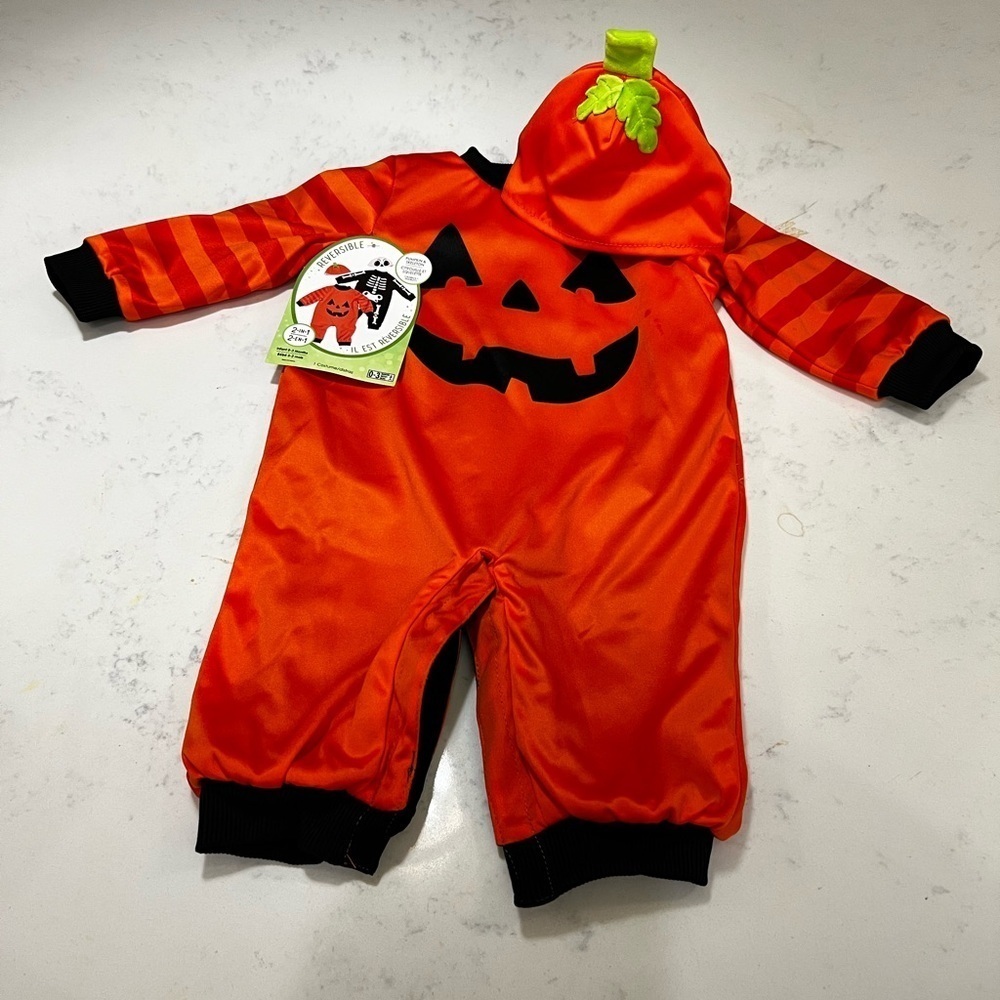 ORANGE AND BLACK PUMPKIN AND SKELATON REVERSIBLE COSTUME FOR KIDS - Picture 4 of 12